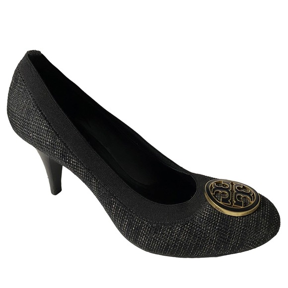 Tory Burch Pump Caroline Tweed Black Gold Round Toe Logo 9 M 3" Heel - Picture 1 of 11